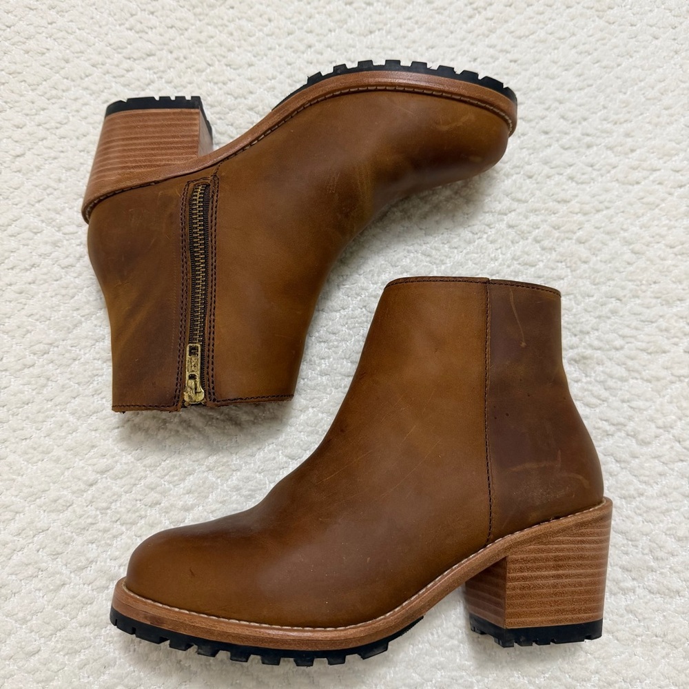 Patina Brown Leather Block Heel Ankle Booties Size 8
